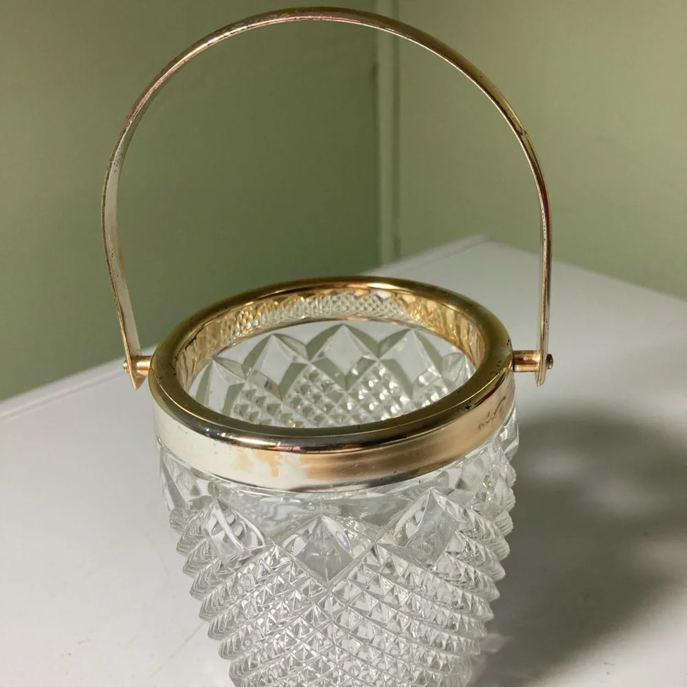 Vintage Crystal Glass Ice Bucket with Gold Handle